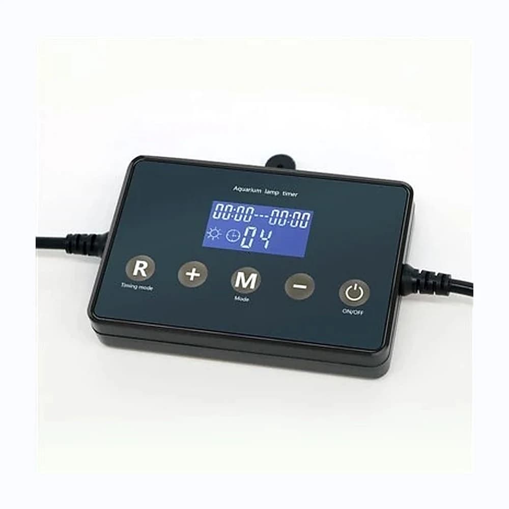 Black inline aquarium timer with digital display and control buttons
