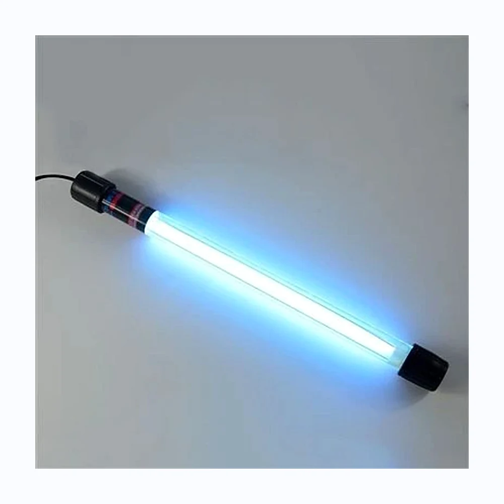 Blue illuminated aquarium UV light tube with black end caps and cable