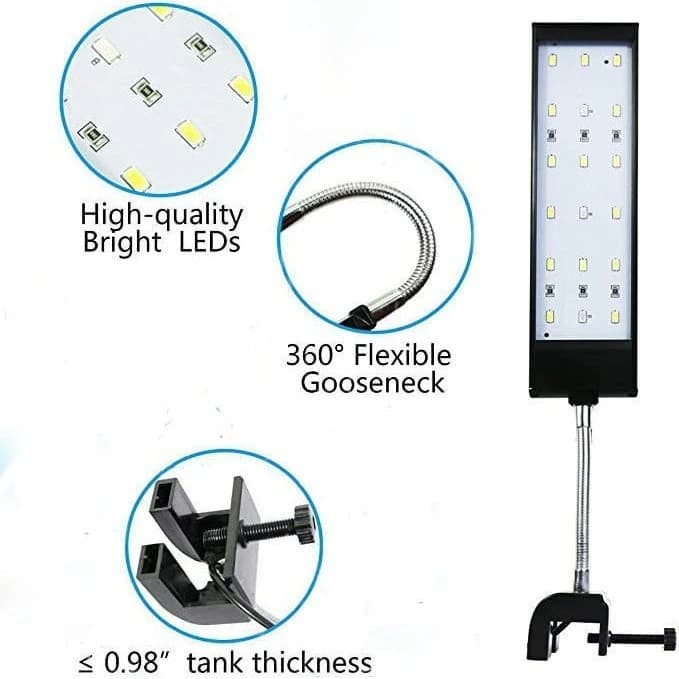 Fish Tank LED Mini Clip Light flexible gooseneck and tank clamp details